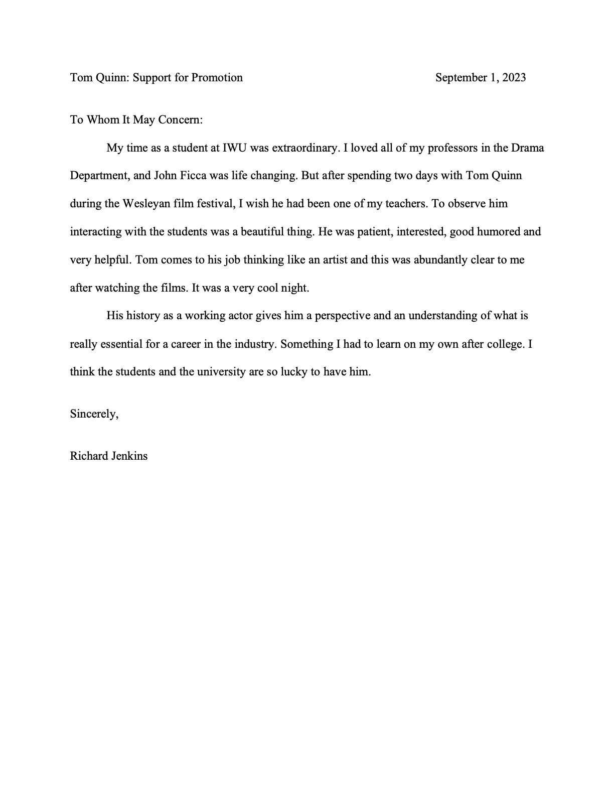 Richard Jenkins - Letter